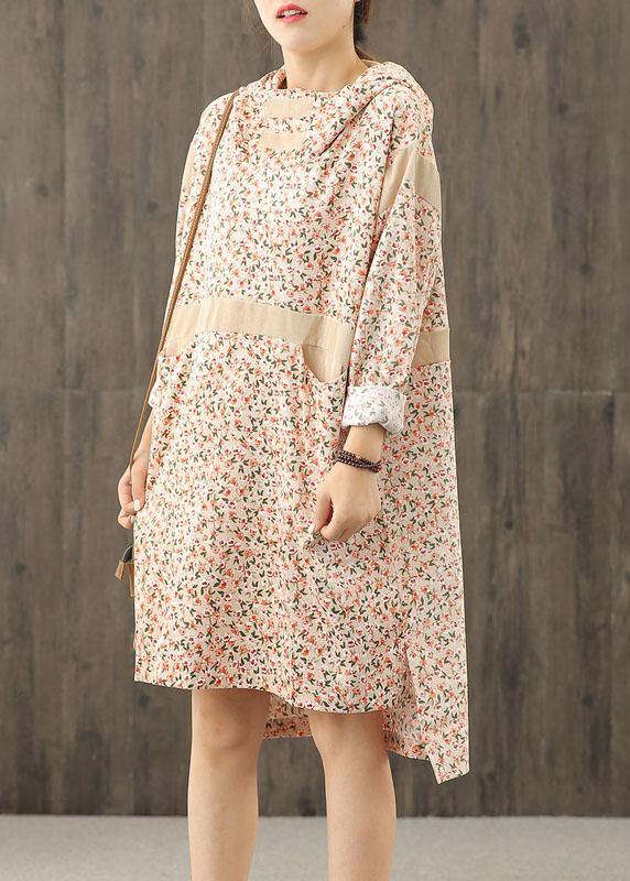 Handmade Hooded Patchwork Dress Sleeve Nude Print Dresses
