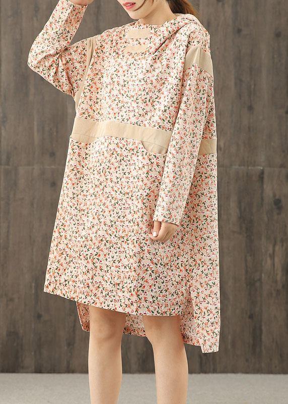 Handmade Hooded Patchwork Dress Sleeve Nude Print Dresses
