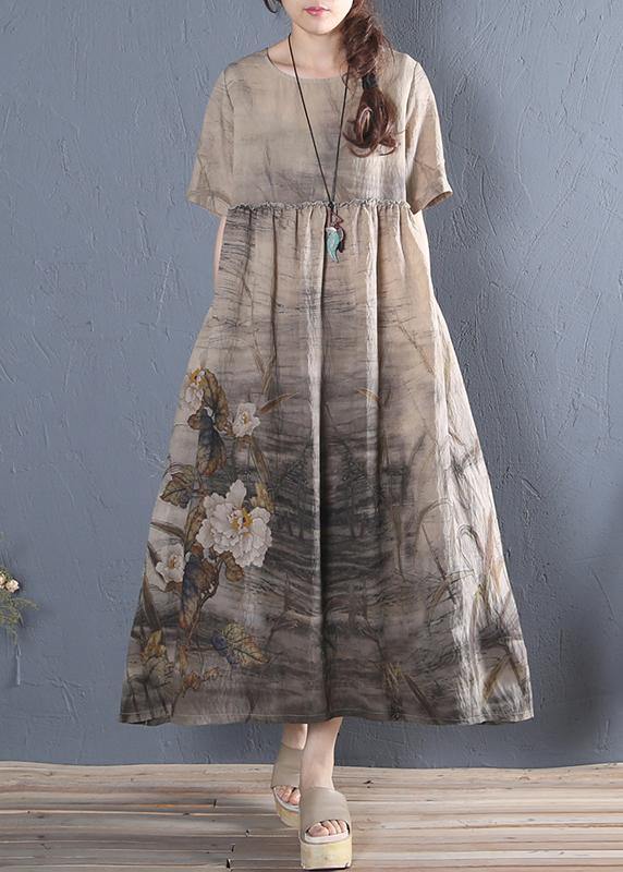 Handmade Khaki Print Cotton Dress O Neck Short Sleeve Dresses Summer Dress