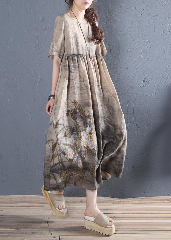 Handmade Khaki Print Cotton Dress O Neck Short Sleeve Dresses Summer Dress