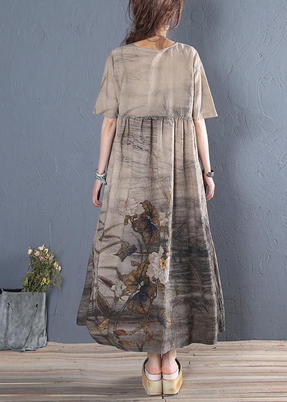 Handmade Khaki Print Cotton Dress O Neck Short Sleeve Dresses Summer Dress