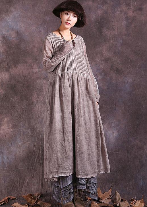 Handmade Khaki Cinched Cotton Linen Quilting Clothes Long Sleeve Long Summer Dress