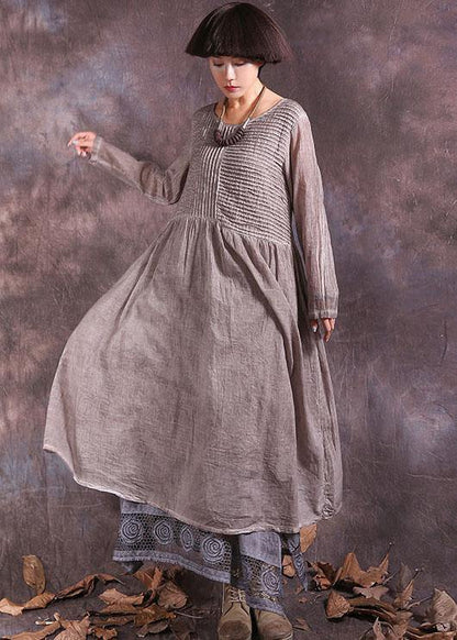Handmade Khaki Cinched Cotton Linen Quilting Clothes Long Sleeve Long Summer Dress