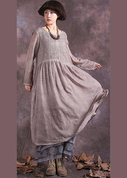 Handmade Khaki Cinched Cotton Linen Quilting Clothes Long Sleeve Long Summer Dress