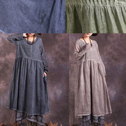Handmade Khaki Cinched Cotton Linen Quilting Clothes Long Sleeve Long Summer Dress