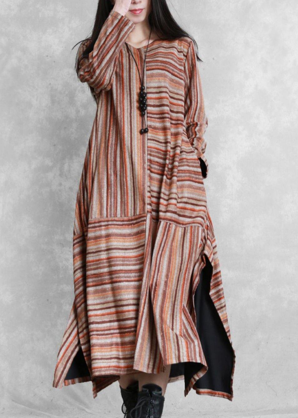Handmade Khaki Yellow Striped Cotton Linen Quilting Clothes Side Open Cotton Patchwork Dresses