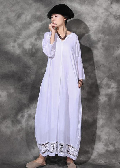 Handmade Lace Hem Cotton Dresses Linen White V Neck Dresses Summer