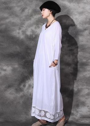 Handmade Lace Hem Cotton Dresses Linen White V Neck Dresses Summer