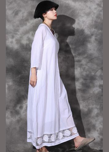 Handmade Lace Hem Cotton Dresses Linen White V Neck Dresses Summer