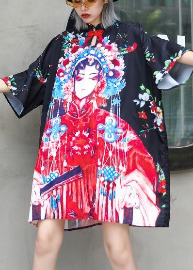Handmade Lapel Half Sleeve Cotton Clothes for Design Black Print Dresses Summer