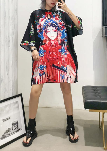 Handmade Lapel Half Sleeve Cotton Clothes for Design Black Print Dresses Summer