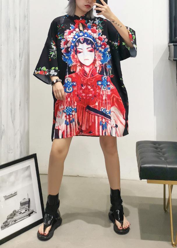 Handmade Lapel Half Sleeve Cotton Clothes for Design Black Print Dresses Summer