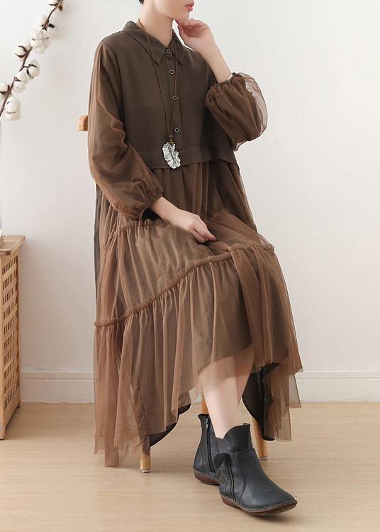 Handmade Lapel Patchwork Tulle Clothes Catwalk Chocolate Robes Dresses