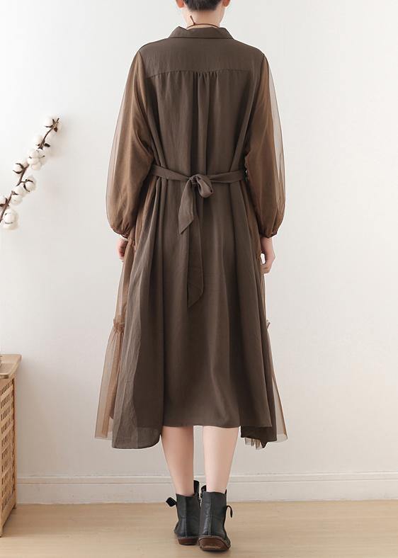 Handmade Lapel Patchwork Tulle Clothes Catwalk Chocolate Robes Dresses