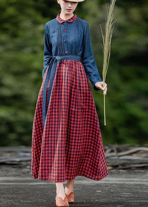 Handmade Lapel Spring Clothes Neckline Blue Patchwork Plaid Dresses