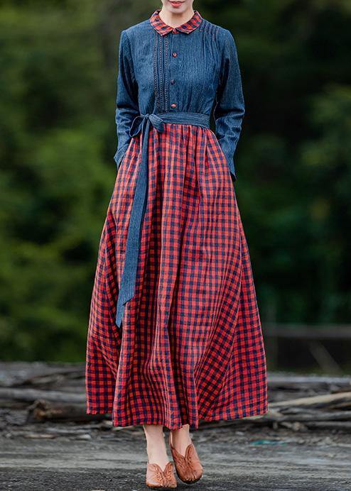Handmade Lapel Spring Clothes Neckline Blue Patchwork Plaid Dresses
