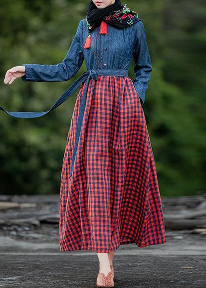 Handmade Lapel Spring Clothes Neckline Blue Patchwork Plaid Dresses