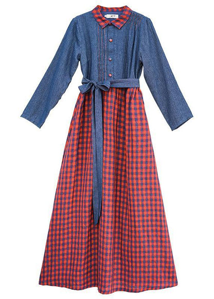 Handmade Lapel Spring Clothes Neckline Blue Patchwork Plaid Dresses