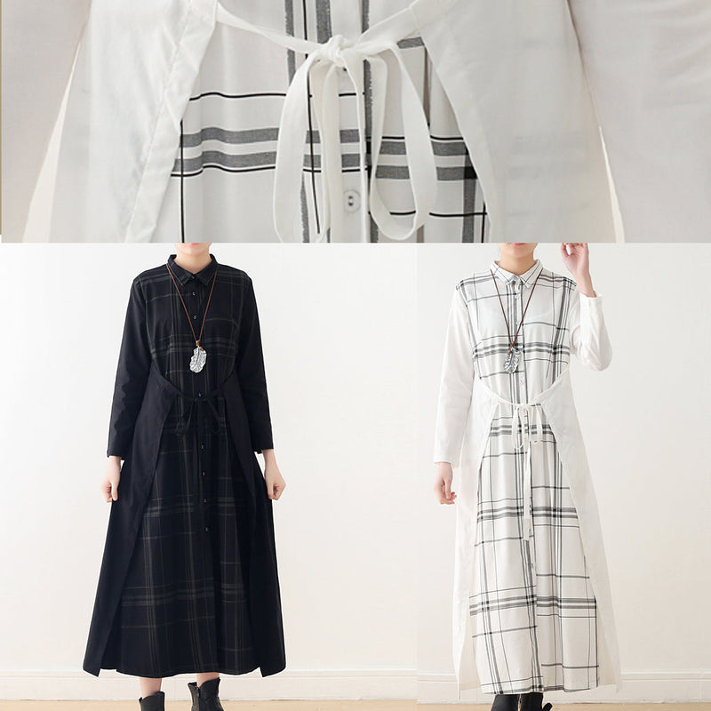 Handmade Lapel Tie Waist Cotton Quilting Dresses Omychic Sleeve White Plaid Maxi Dresses Spring