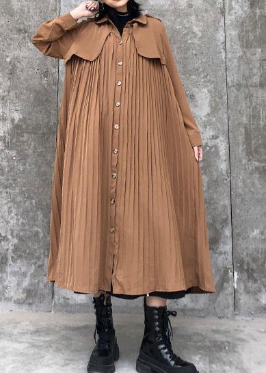 Handmade Lapel Cinched Cotton Quilting Clothes Wardrobes Kahki Long Dresses
