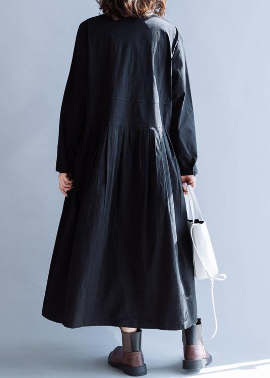 Handmade Lapel Cinched Dress Black Cotton Dresses Fall