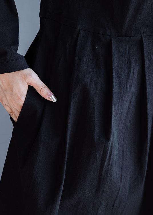 Handmade Lapel Cinched Dress Black Cotton Dresses Fall