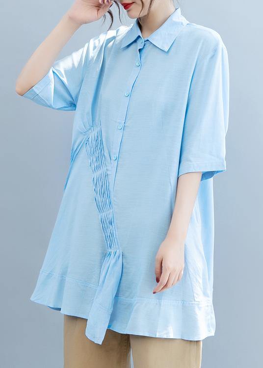 Handmade Light Blue Blouse Lapel Half Sleeve Midi Blouses