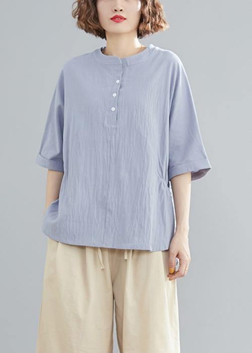 Handmade Light Blue Linen Linen Tops Blouses Work Button Down Elastic Waist Shirts