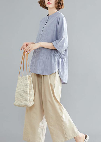 Handmade Light Blue Linen Linen Tops Blouses Work Button Down Elastic Waist Shirts