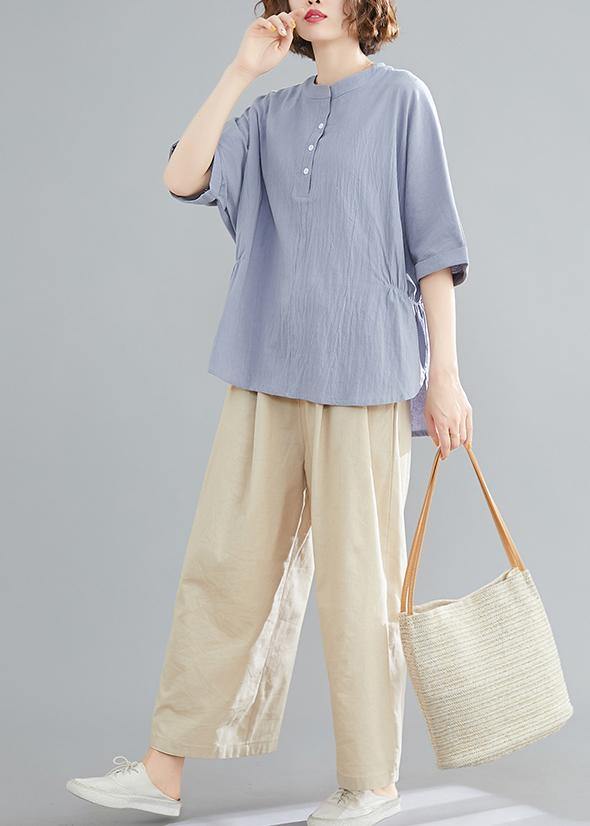 Handmade Light Blue Linen Linen Tops Blouses Work Button Down Elastic Waist Shirts