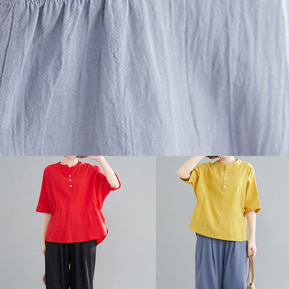 Handmade Light Blue Linen Linen Tops Blouses Work Button Down Elastic Waist Shirts