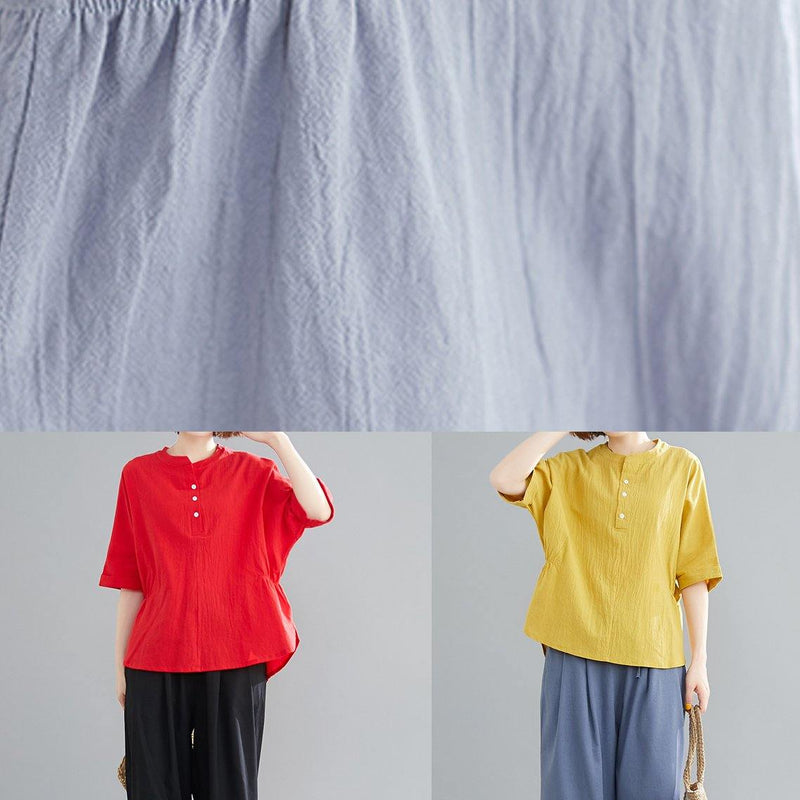 Handmade Light Blue Linen Linen Tops Blouses Work Button Down Elastic Waist Shirts