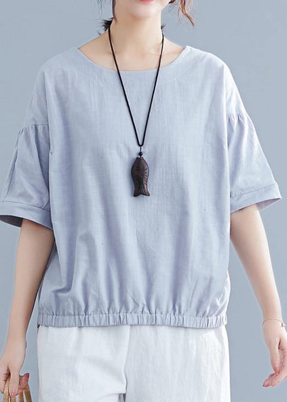 Handmade Light Gray Cotton Linen Shirts O Neck Half Sleeve Summer Tops
