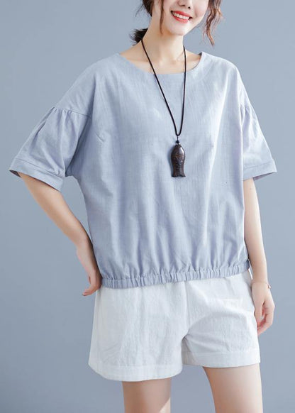 Handmade Light Gray Cotton Linen Shirts O Neck Half Sleeve Summer Tops