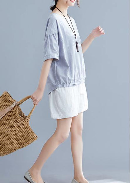 Handmade Light Gray Cotton Linen Shirts O Neck Half Sleeve Summer Tops