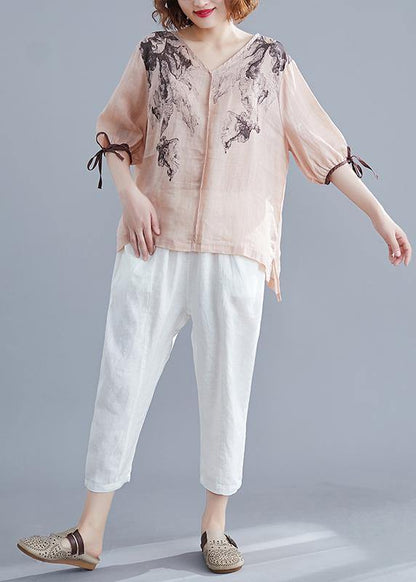 Handmade Light Pink Print Cotton Linen Blouse V Neck Side Open Summer Top