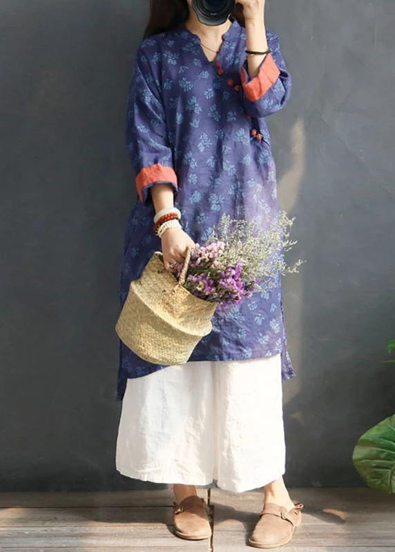 Handmade Linen Robes Organic Retro Plant Print V-neck Loose Ramie Blouse