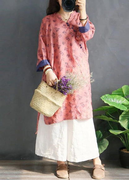 Handmade Linen Robes Organic Retro Plant Print V-neck Loose Ramie Blouse