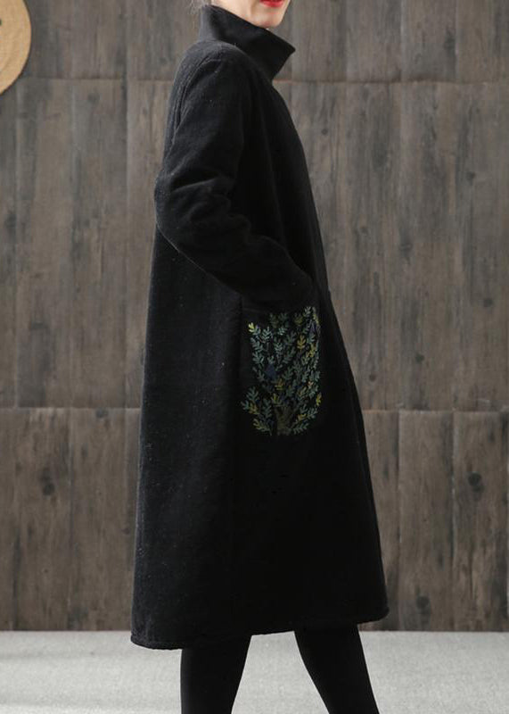Handmade Linen Tunics Printing Turtleneck Winter Cotton Midi Dress