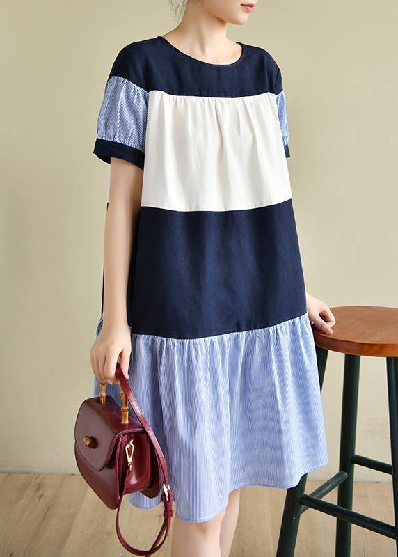 Handmade Navy Robes Patchwork Cinched Dress