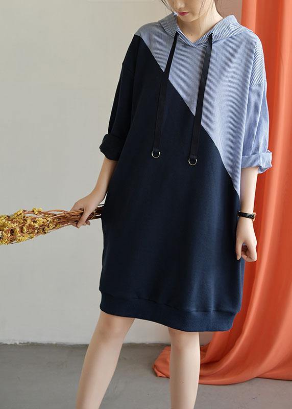 Handmade Navy Patchwork Cotton Quilting Clothes Hooded Daily Fall Dress