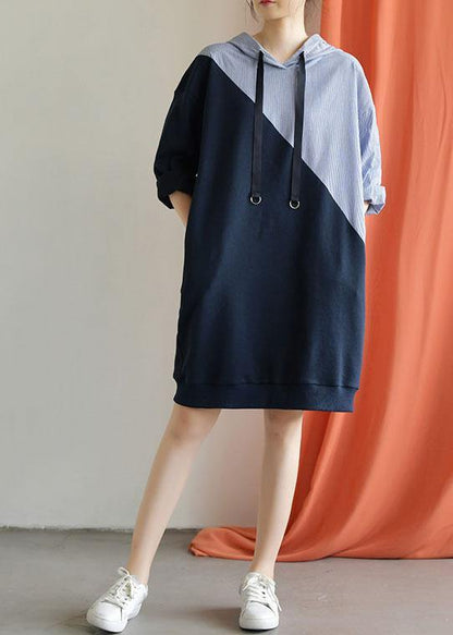 Handmade Navy Patchwork Cotton Quilting Clothes Hooded Daily Fall Dress