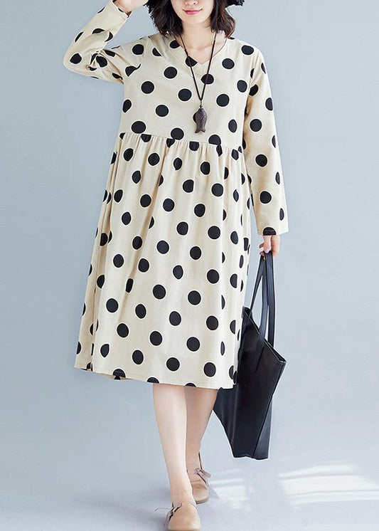 Handmade Nude Dotted Cotton Tunic Pattern V Neck Fall Dress
