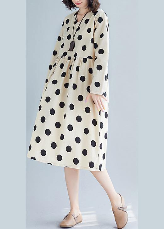 Handmade Nude Dotted Cotton Tunic Pattern V Neck Fall Dress