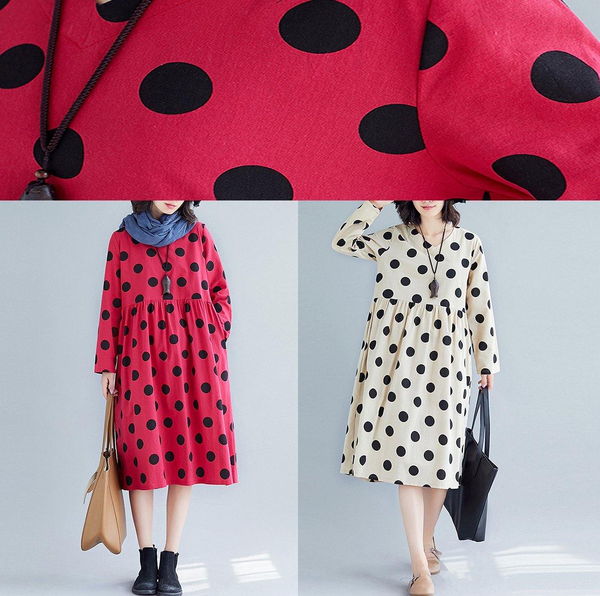 Handmade Nude Dotted Cotton Tunic Pattern V Neck Fall Dress