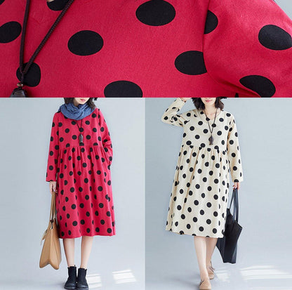 Handmade Nude Dotted Cotton Tunic Pattern V Neck Fall Dress