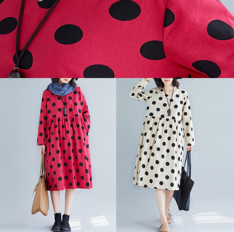 Handmade Nude Dotted Cotton Tunic Pattern V Neck Fall Dress