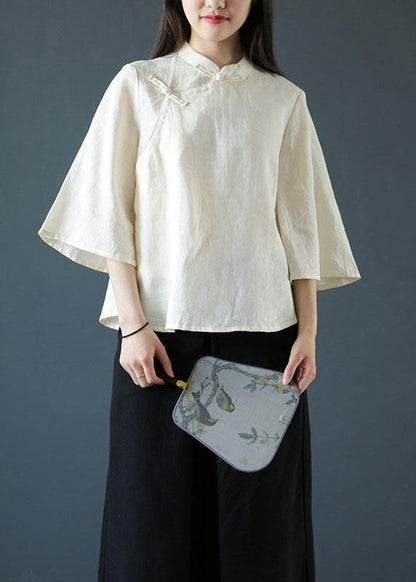 Handmade Nude Linen Blouse Stand Collar Chinese Button Tunic Shirts