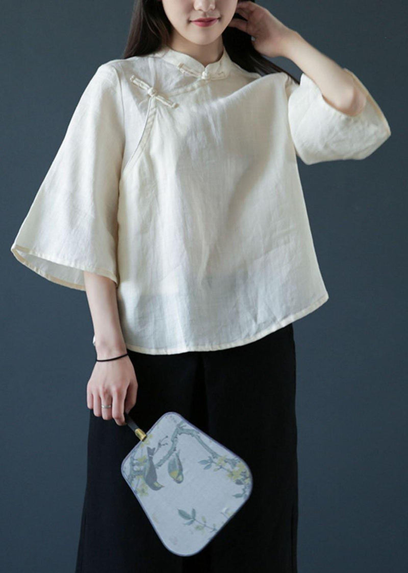 Handmade Nude Linen Blouse Stand Collar Chinese Button Tunic Shirts
