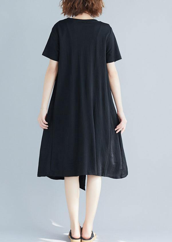 Handmade O Neck Cotton Clothes for Sleeve Patchwork Black Prints Dress Summer